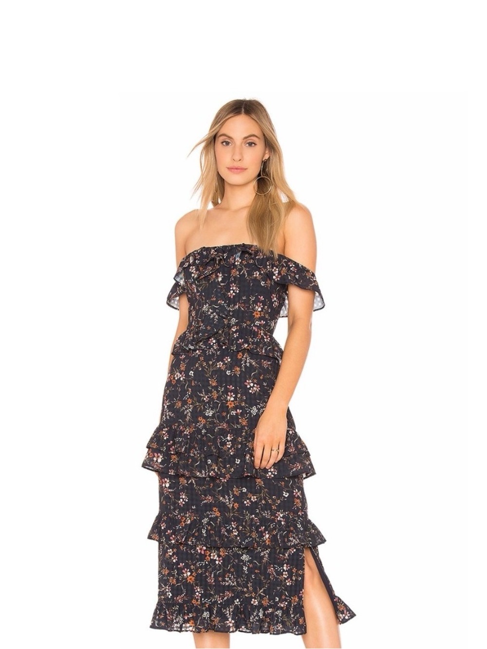 Off-Shoulder Tiered Floral Midi Dress - Navy Floral